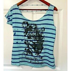 Fox Company Womens T Shirt‎ Urban Collection Graphic Green Striped Sleeve Size 2